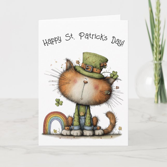Whimsical St. Patrick’s Day Cat Cheer Karte (Vorderseite)