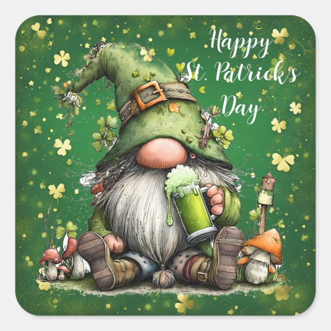 Whimsical St. Patrick’s Day Gnome Celebration Quadratischer Aufkleber (Vorderseite)
