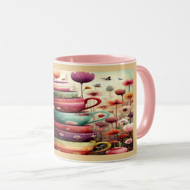 Whimsical Stacked Floral Teacups Art Mug Tasse (VorderseiteRechts)