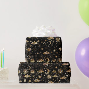 Whimsical Star Moon Planets Gold auf schwarz Geschenkpapier