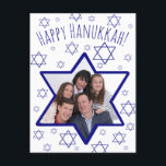 Whimsical Star of David Foto Frame Happy Hanukkah<br><div class="desc">This fun postcard is a great way to wish your friends and family a Happy Hanukkah. Feys a whimsical design with a Star of David foto frame where you can upload your picture onto a white background scattered with small stars of David resembling snowflakes. The machen is a hand written...</div>