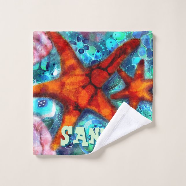 Whimsical Starfish Seashells Beach Personalisiert Waschlappen (Waschlappen)