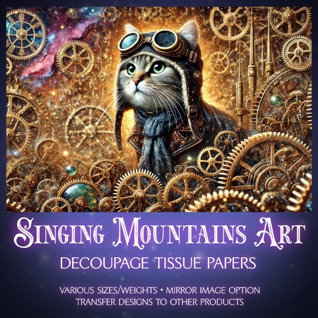Whimsical Steampunk Cat Cosmic Journey Decoupage Seidenpapier (Von Creator hochgeladen)