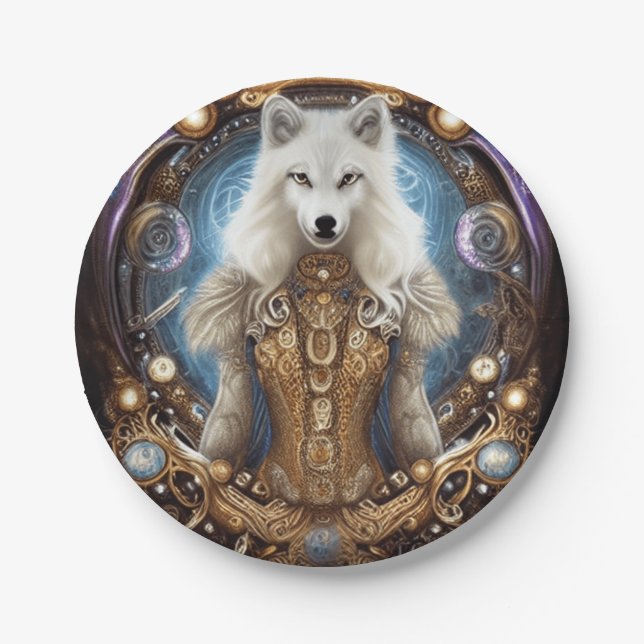 Whimsical steampunk charmanter weißer Wolf Pappteller (Vorderseite)