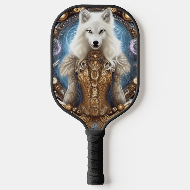 Whimsical steampunk charmanter weißer Wolf Pickleball Schläger (Vorderseite)