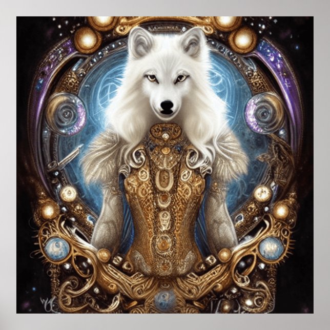 Whimsical steampunk charmanter weißer Wolf Poster (Vorne)