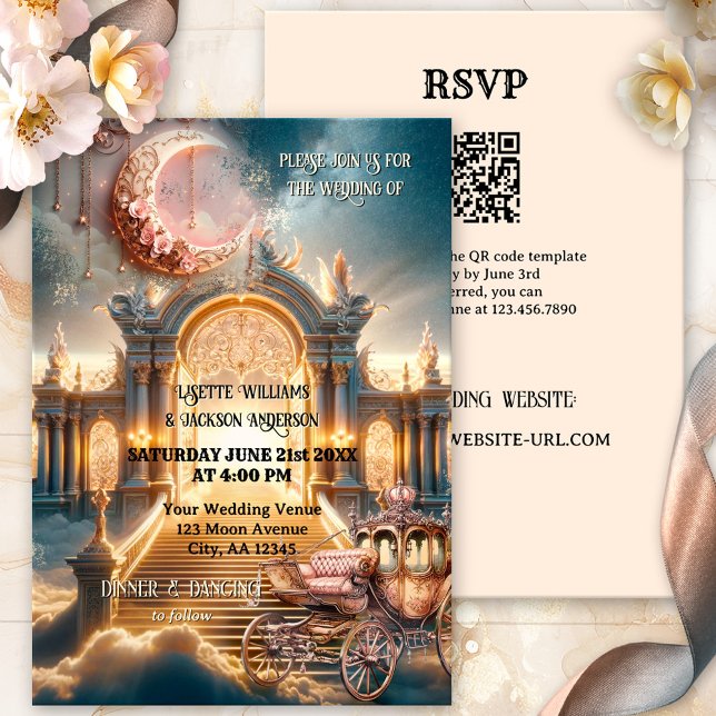 Whimsical Steampunk Fairy Tale Alles in einer Hoch Einladung (Victorian steampunk whimsical all in one wedding invitation with fairy tale moon and carriage)