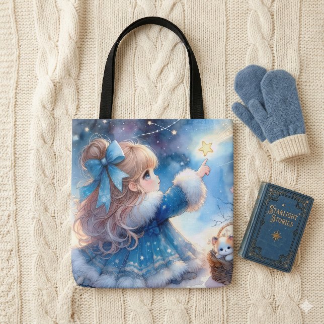 Whimsical Sternengucker-Mädchen Aquarell (Whimsical Star Gazer Girl Watercolor Tote Bag)