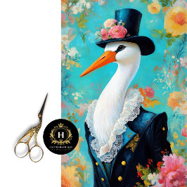 Whimsical Stork Top Hat Elegant Floral Decoupage Seidenpapier