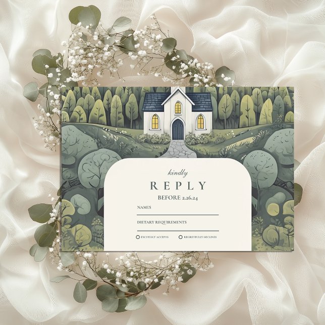 Whimsical Storybook Forest Kapelle Hochzeit RSVP Karte (Von Creator hochgeladen)