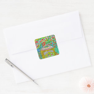 Whimsical Storybook Katzen & Garten Geburtstag Quadratischer Aufkleber