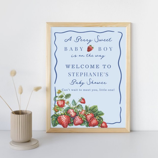 Whimsical Strawberry Blue Baby Shower Welcome Sign Poster (Von Creator hochgeladen)