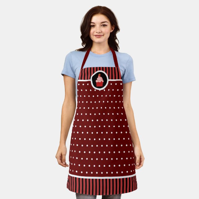 Whimsical Strawberry Cupcake Polka Dot Strip Schürze (Getragen)
