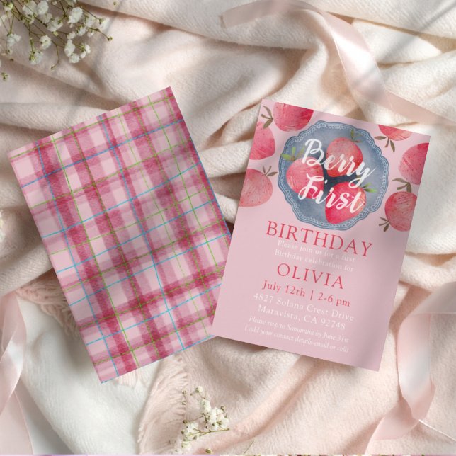 Whimsical Strawberry Pink 1st Birthday Watercolor  Einladung (Von Creator hochgeladen)