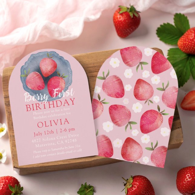 Whimsical Strawberry Red & Pink 1st Birthday  Invi Einladung (Von Creator hochgeladen)