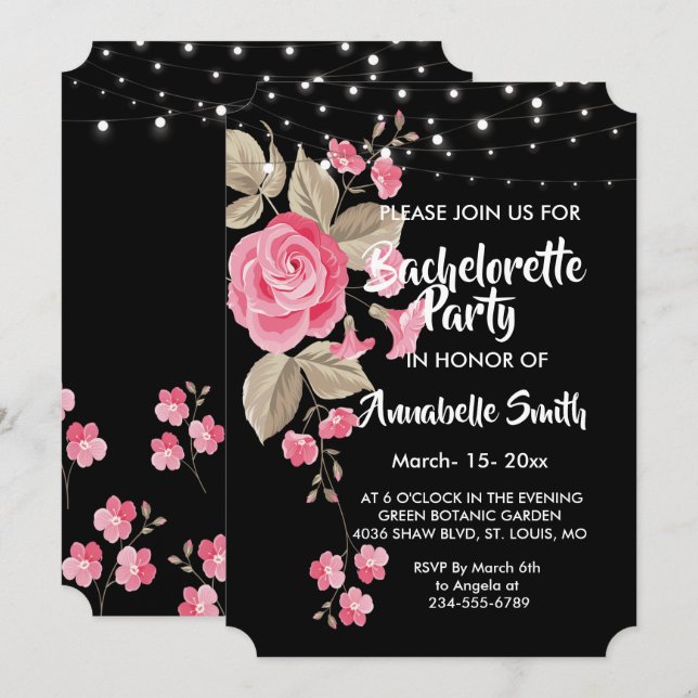 Whimsical String Lights Black Bachelor Einladung (Vorne/Hinten)