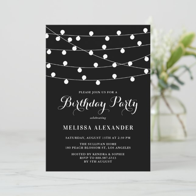 Whimsical String Lights Black Birthday Party Einladung (Stehend Vorderseite)