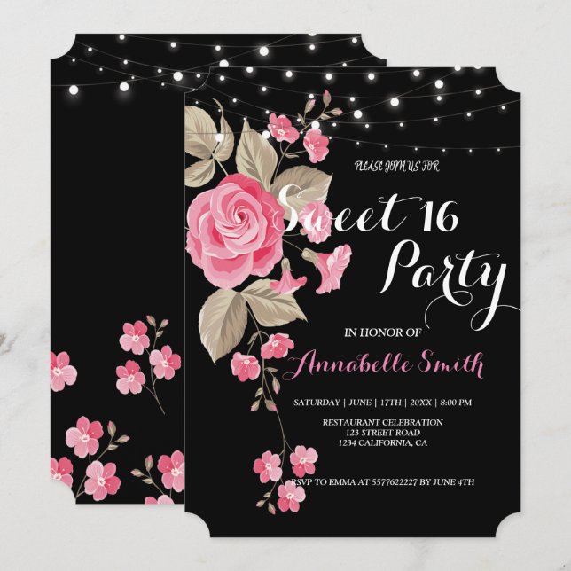 Whimsical String Lights Black Sweet 16 Einladung (Vorne/Hinten)