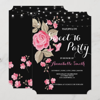 Whimsical String Lights Black Sweet 16 Einladung