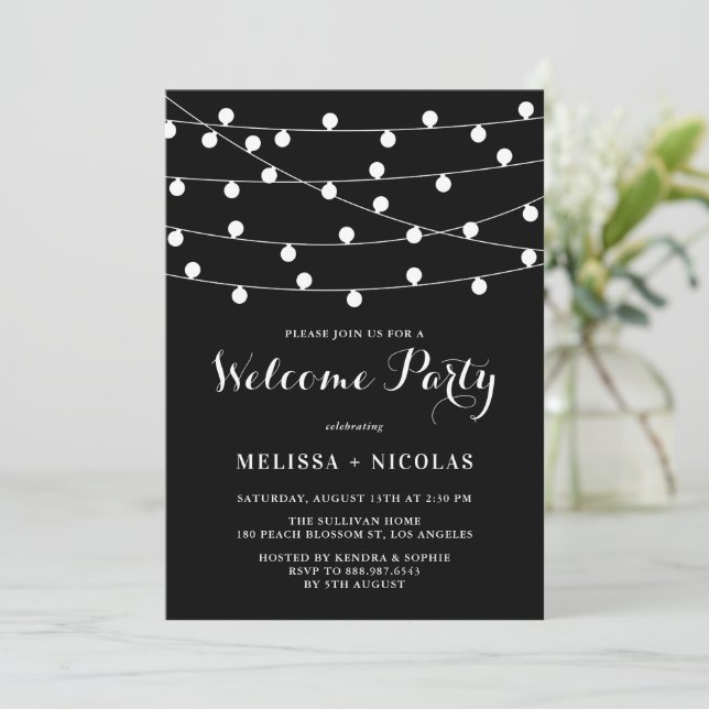 Whimsical String Lights Black Welcome Party Einladung (Stehend Vorderseite)