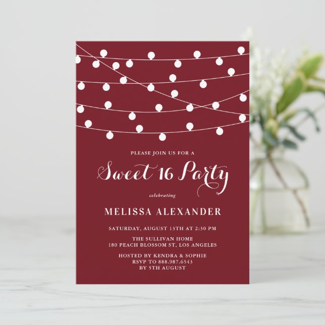 Whimsical String Lights Burgundy Sweet 16 Party Einladung (Stehend Vorderseite)