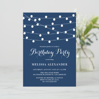 Whimsical String Lights Navy Blue Geburtstagsparty Einladung