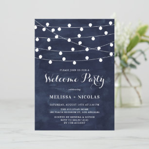 Whimsical String Lights Navy Blue Polterabend Einladung