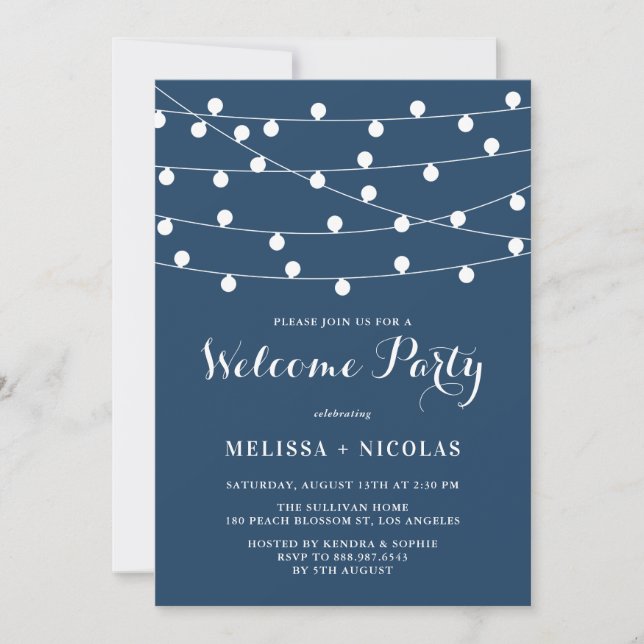 Whimsical String Lights Navy Blue Welcome Party Einladung (Vorderseite)