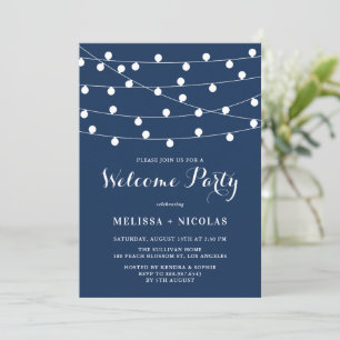 Whimsical String Lights Navy Blue Welcome Party Einladung