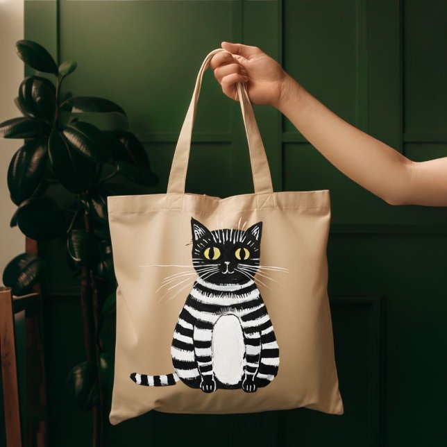 Whimsical Striped Cat Art Tote Bag Cute Folk Illus (Von Creator hochgeladen)