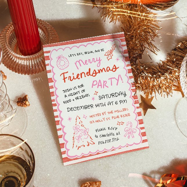 Whimsical Striped Friendsmas Christmas Party Einladung (Von Creator hochgeladen)