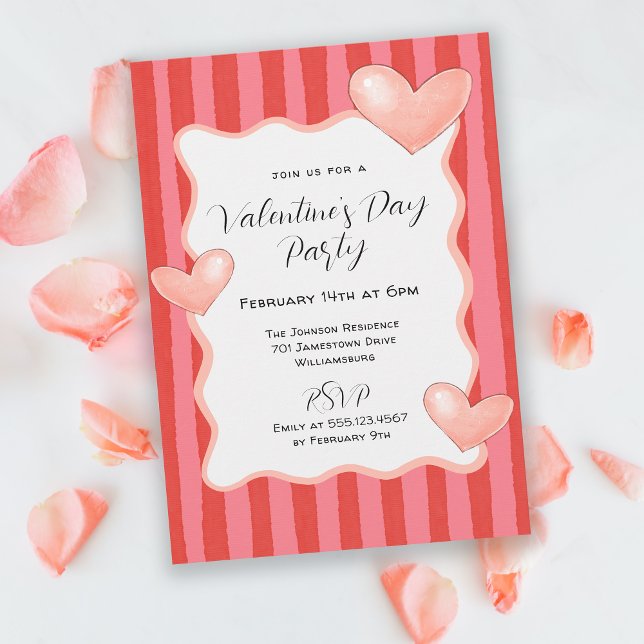 Whimsical Stripes and Hearts Valentines Day Party Einladung (Available in both printed and instant download formats.)