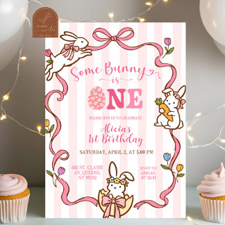 Whimsical Stripes Bunny 1st birthday Invitation Einladung