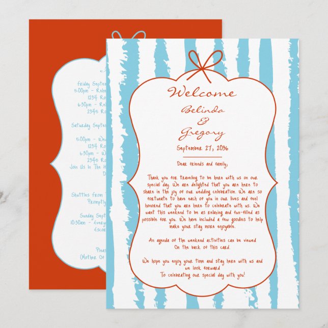 Whimsical Stripes Handwritten Wedding Itinerary Programm (Vorne/Hinten)