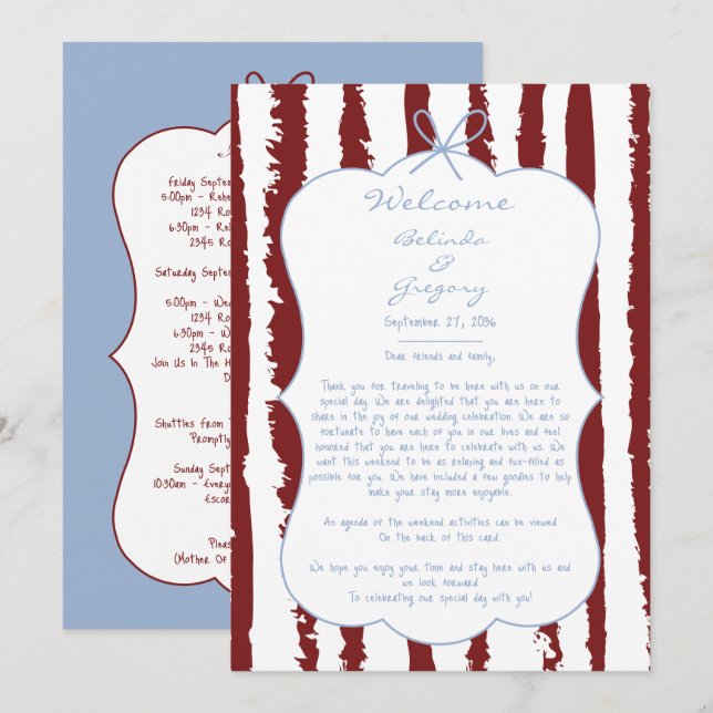 Whimsical Stripes Handwritten  Wedding Itinerary  Programm (Vorne/Hinten)