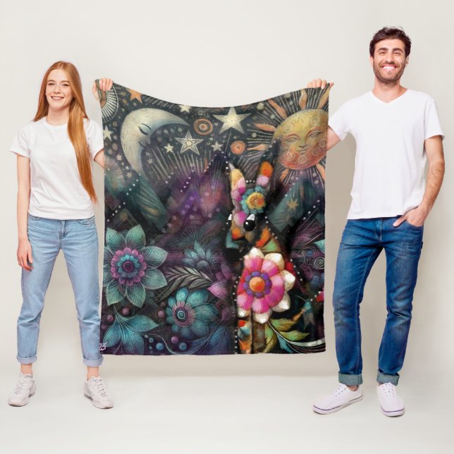 Whimsical Südwest Coyote Animal Floral Sun Moon Fleecedecke (Beispiel)