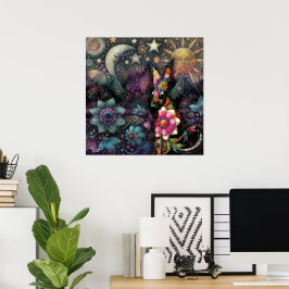 Whimsical Südwest Coyote Animal Floral Sun Moon Poster