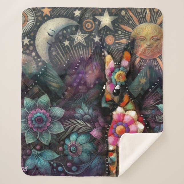 Whimsical Südwest Coyote Animal Floral Sun Moon Sherpadecke (Vorderseite)