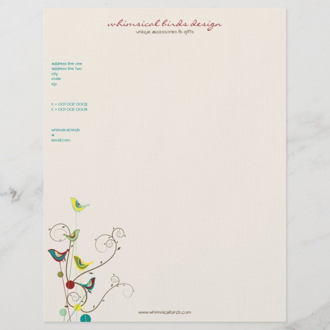 Whimsical Summer Birds Wirbel Moderne Naturweine Briefkopf (Vorderseite)