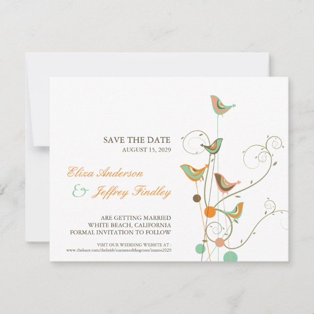 Whimsical Summer Birds & Wirbel Save the Date Card Einladung (Vorderseite)