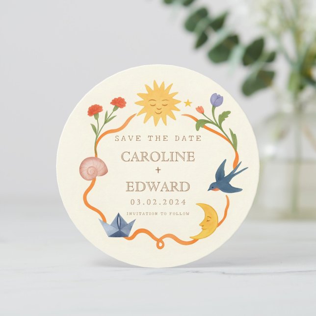 Whimsical Sun and Moon Round Save the Date  Einladung (Von Creator hochgeladen)