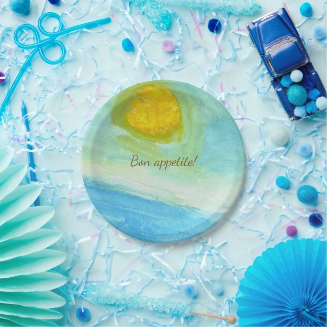 Whimsical Sun Watercolor "Bon Appetit" Paper Plate Pappteller (Party)