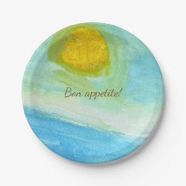 Whimsical Sun Watercolor "Bon Appetit" Paper Plate Pappteller