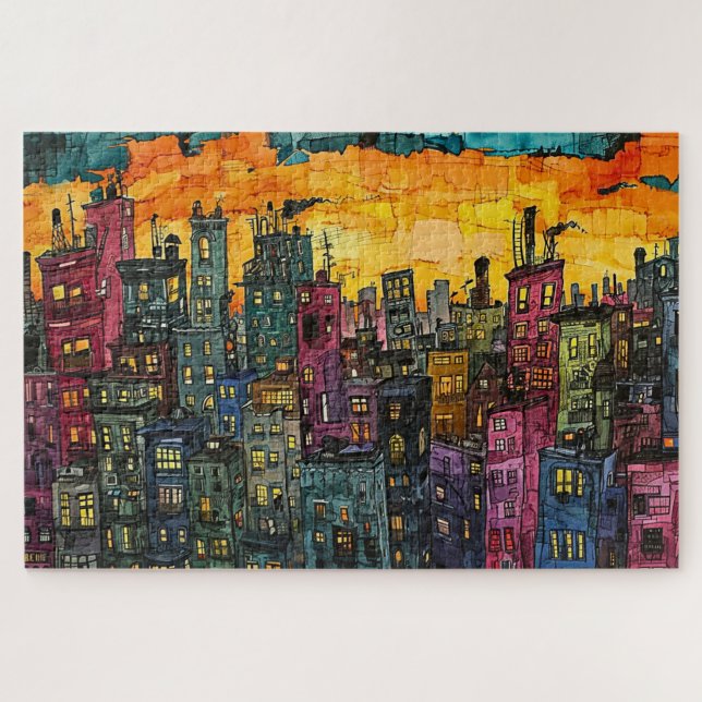 Whimsical Sunset City - Wasserfarbe Puzzle (Horizontal)