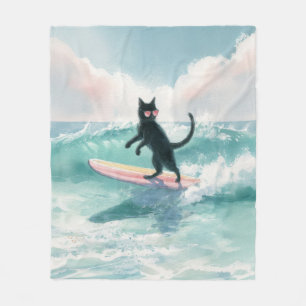 Whimsical Surfing Black Cat Beach Blanket Fleecedecke