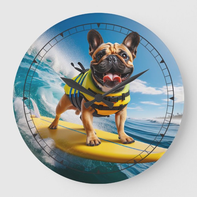 Whimsical surfing French Bulldog Große Wanduhr (Vorderseite)