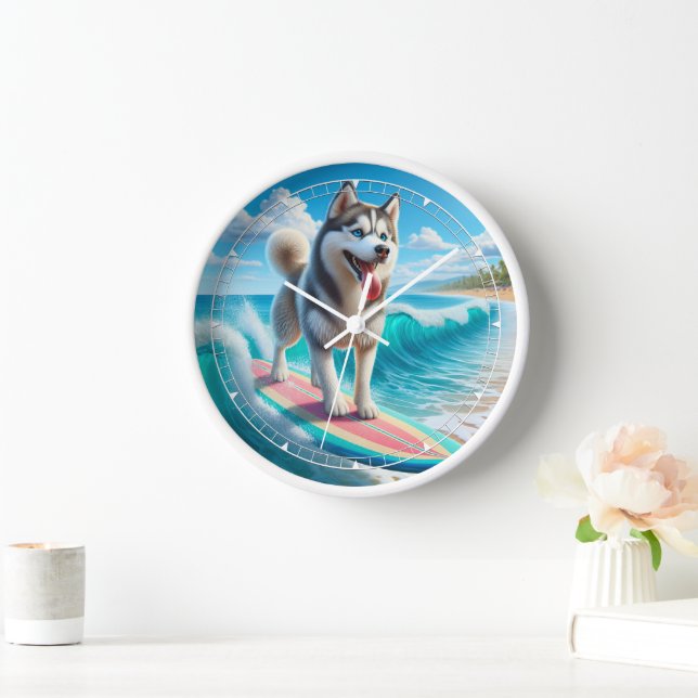 Whimsical surfing Sibirien Husky Uhr (Zuhause)