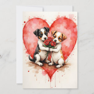 Whimsical süße Hunde Valentinsherzen und rote Rose Karte