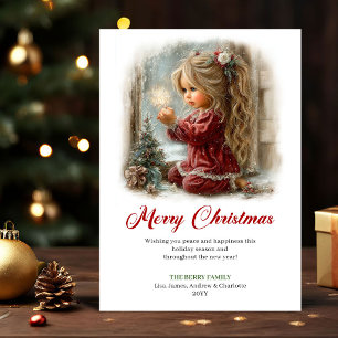 Whimsical Süße Kleine Mädchen Weihnachtsszene Gruß Feiertagskarte