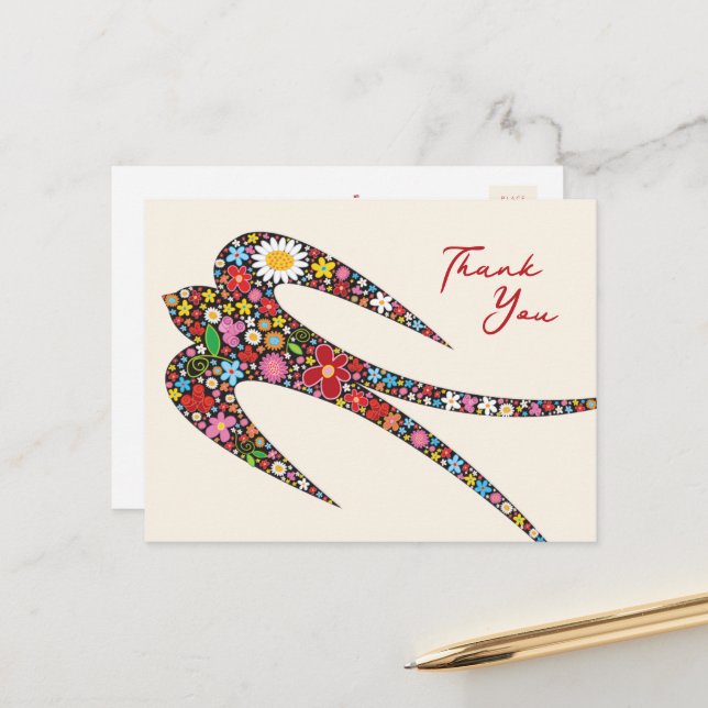 Whimsical Swallow Bird farbenfrohe Frühlingsblumen Postkarte (Vorderseite/Rückseite Beispiel)